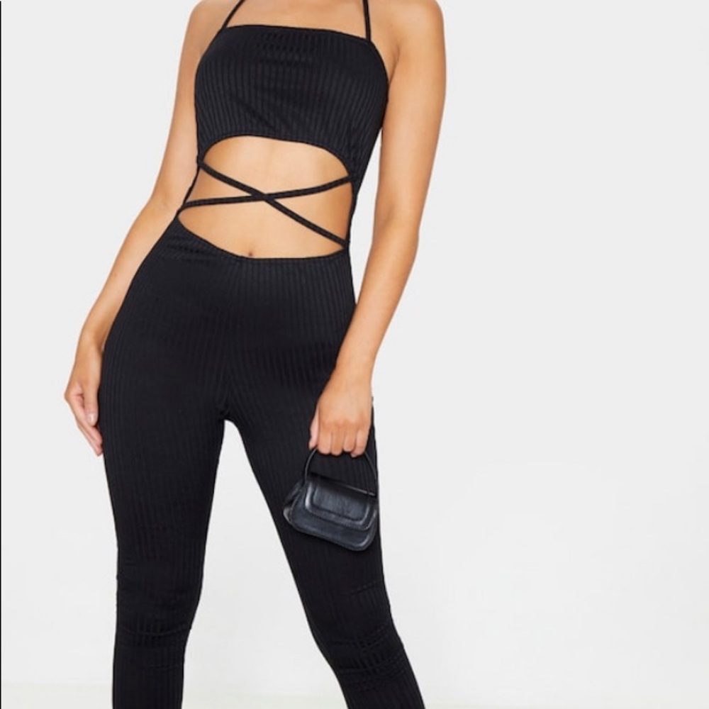Black rib scrappy cutout jumpsuit